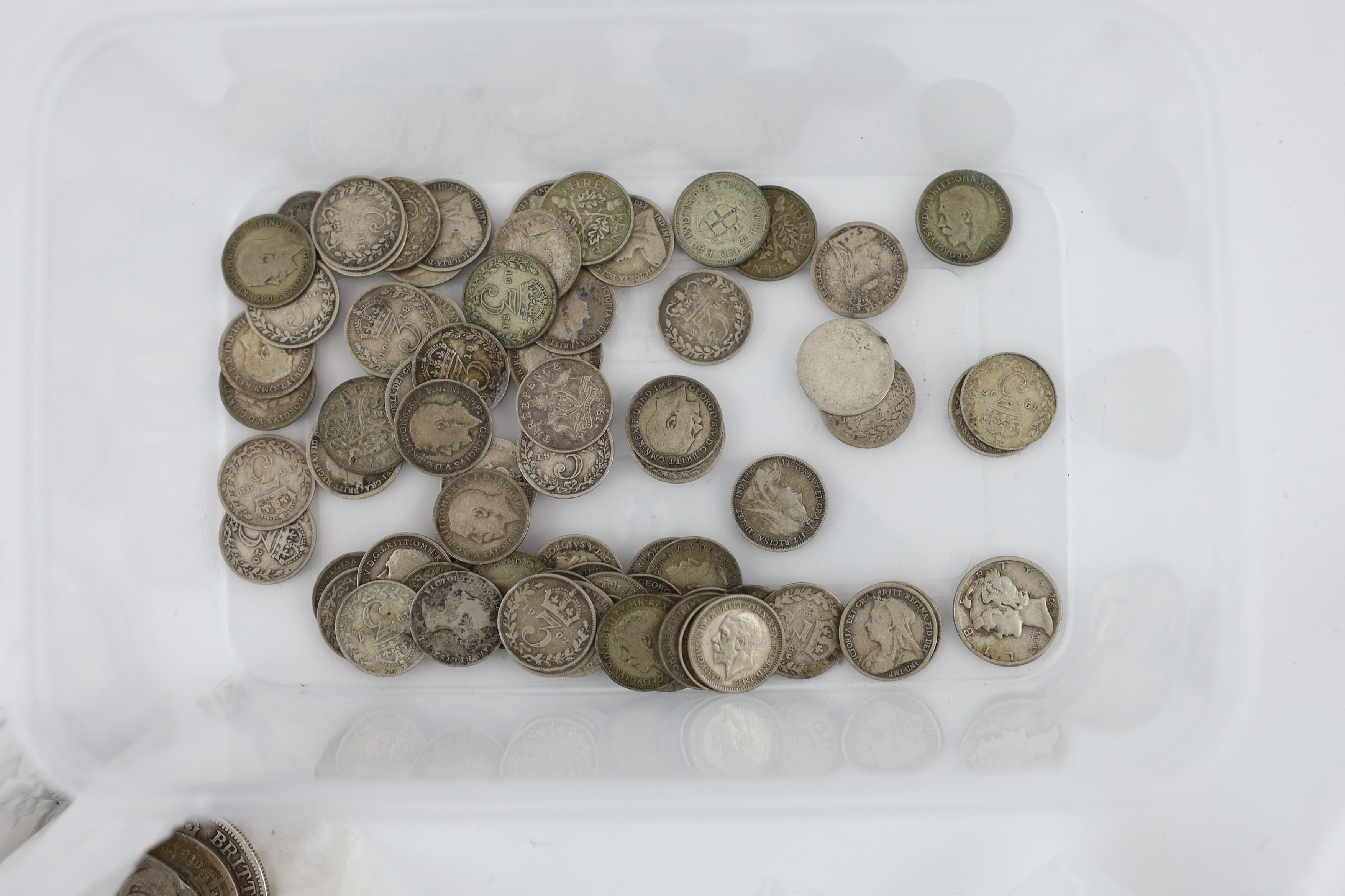 British and World coins, mostly silver including - 1670, 1695 and 1888 crowns, William IV to George VI halfcrowns, two Gothic florins, 1918 florin, good VF, and 1935 florin, good VF, various florins, sixpences, threepenc